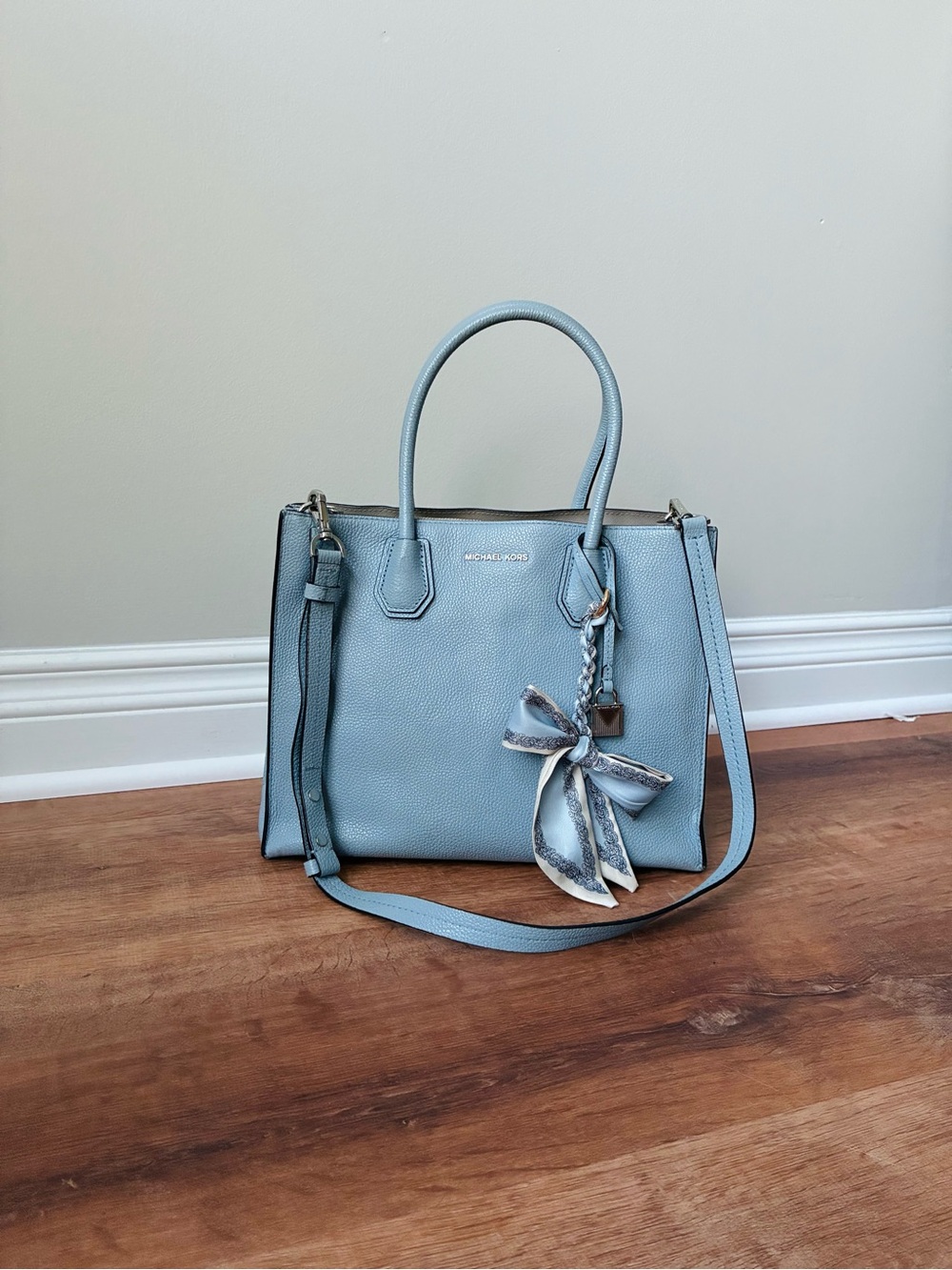 Michael Kors Light Blue Pebbled Leather Satchel with Bow Scarf Charm